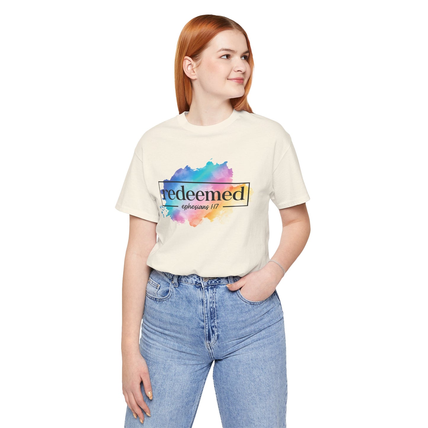Redeemed Ephesians 1:7 T-Shirt — Colorful Watercolor Faith Tee
