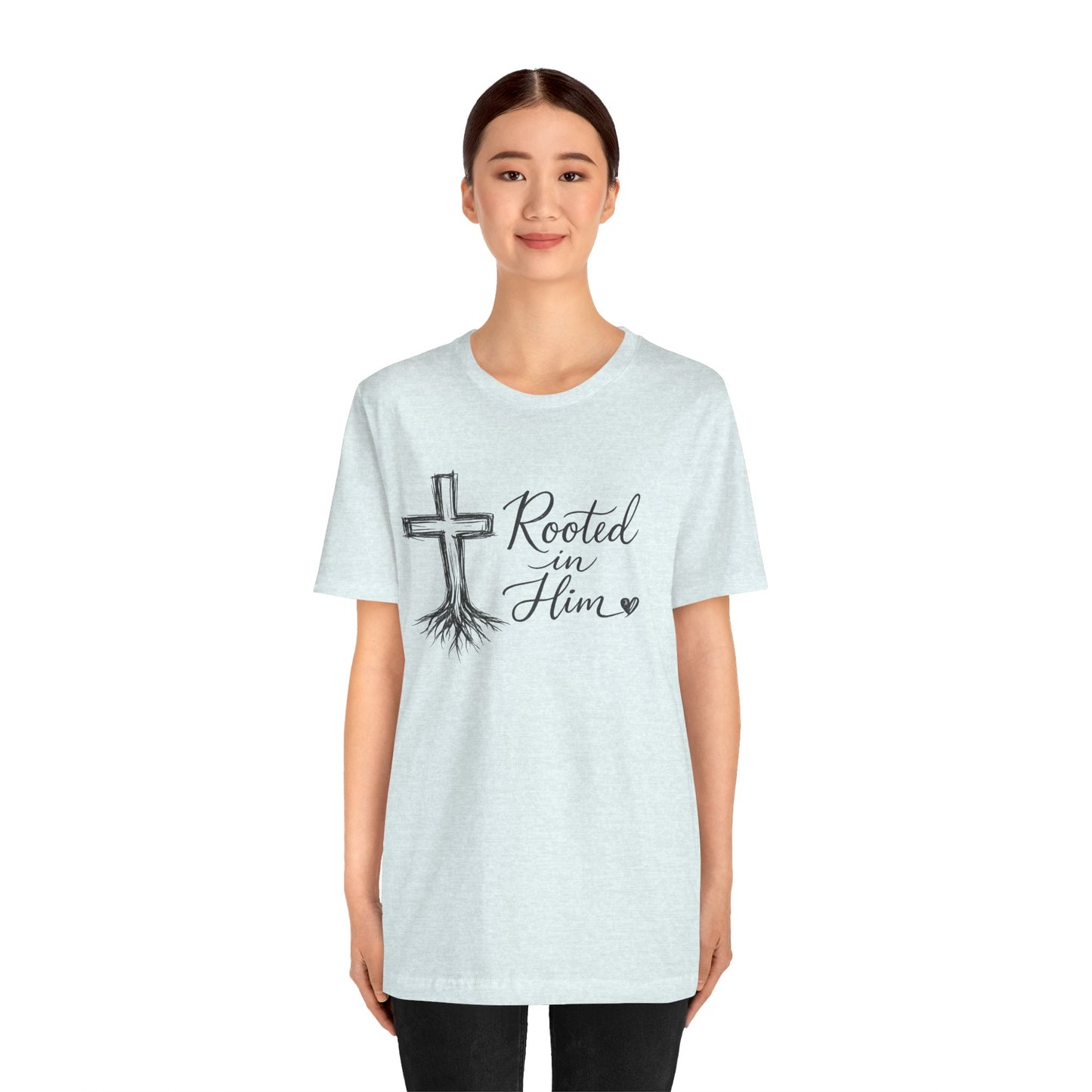 Rooted in Him T-Shirt — Christian Cross & Roots Faith Tee