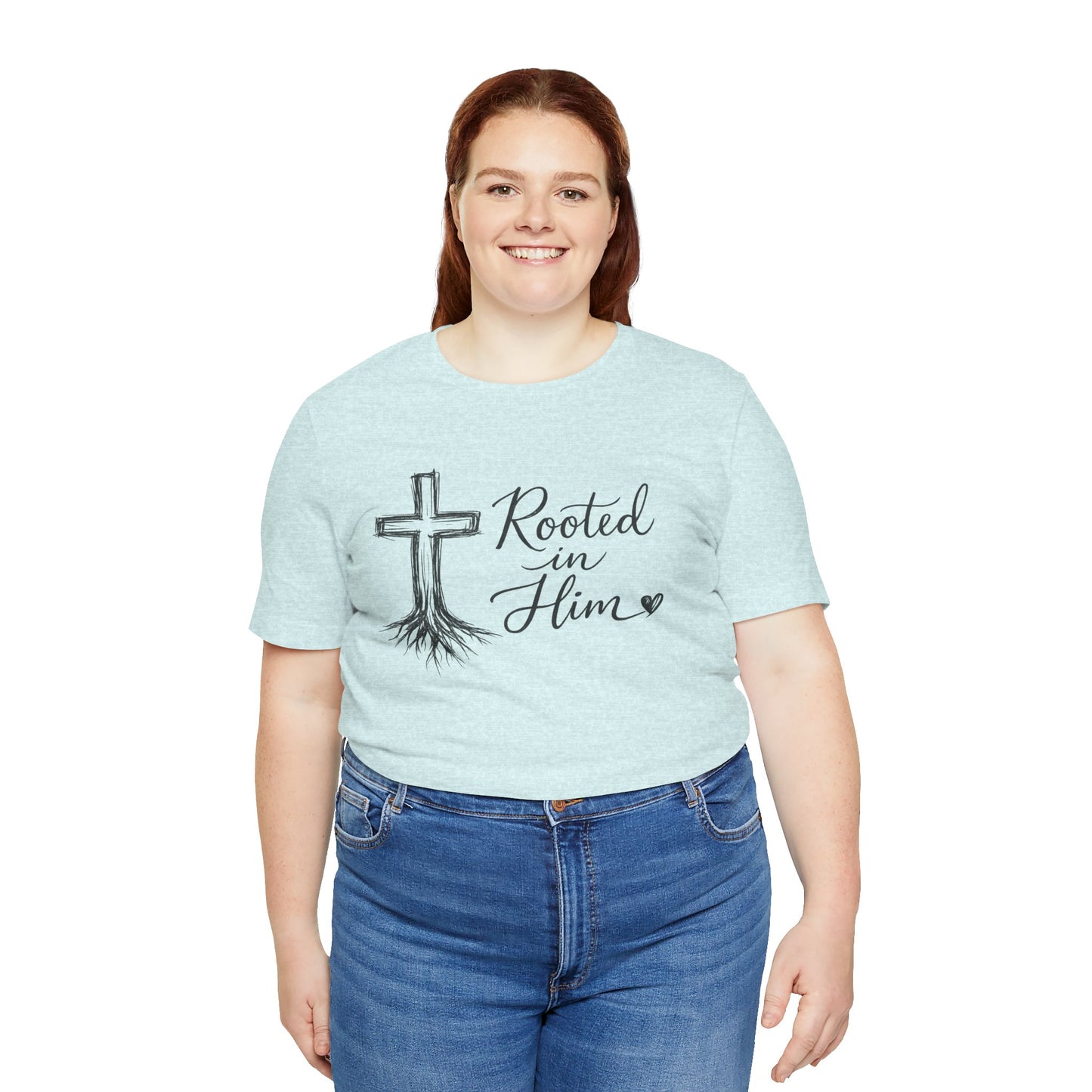 Rooted in Him T-Shirt — Christian Cross & Roots Faith Tee