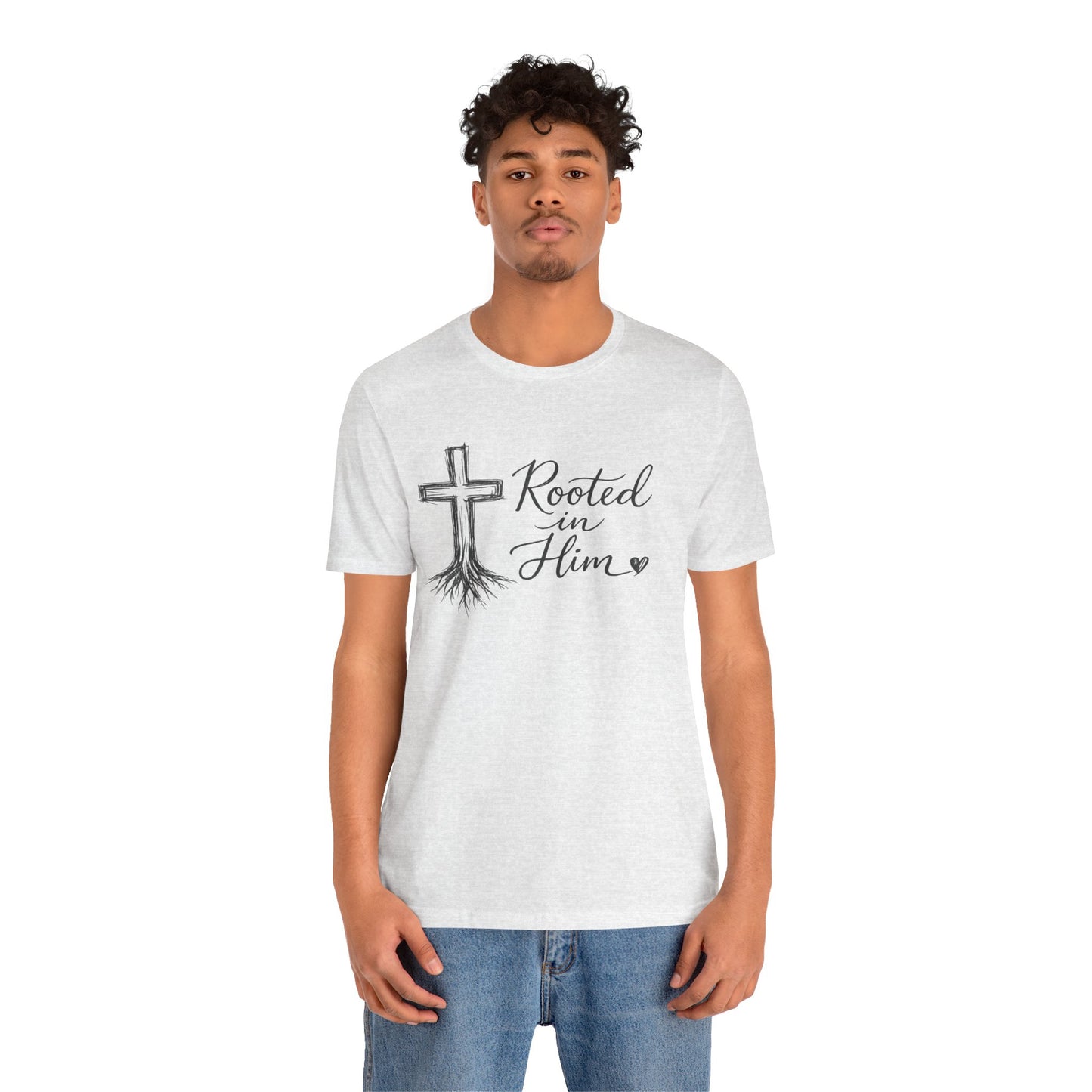 Rooted in Him T-Shirt — Christian Cross & Roots Faith Tee