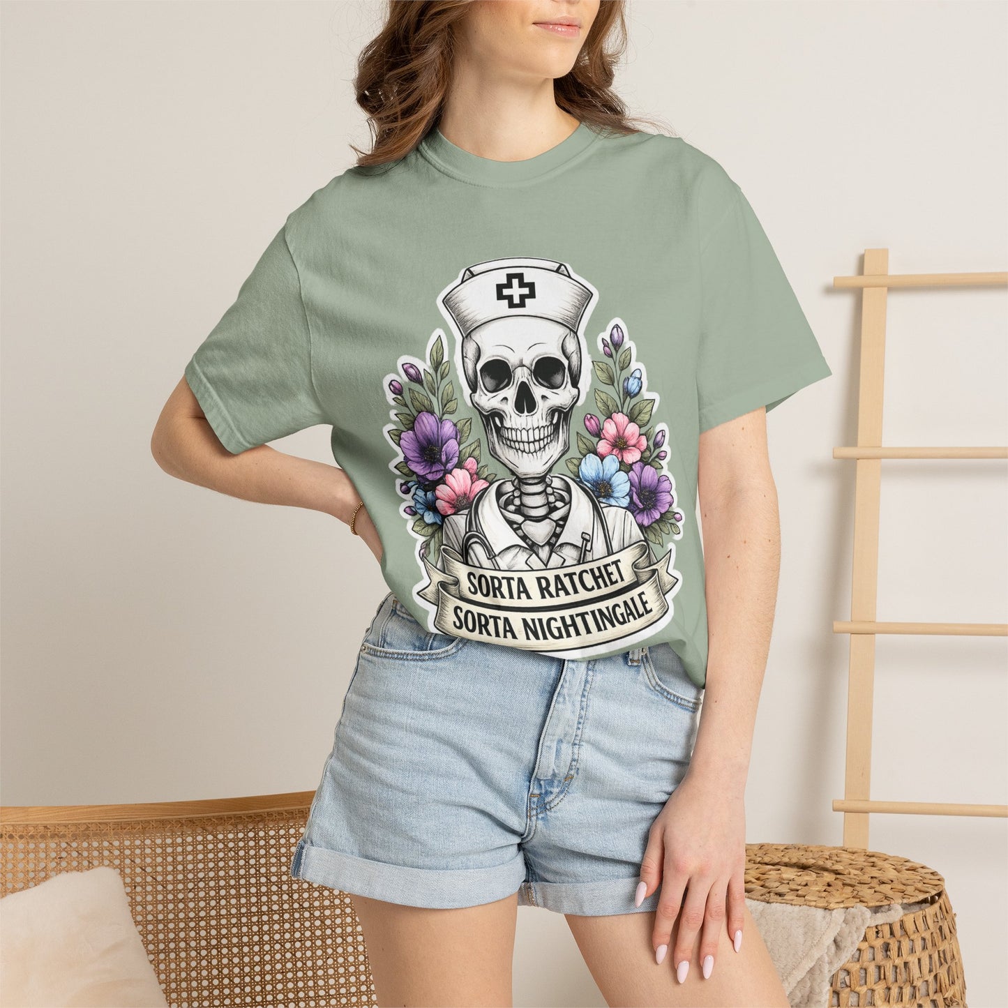 T-Shirt — "Sorta Ratchet, Sorta Nightingale" Nurse Skull Floral Tee