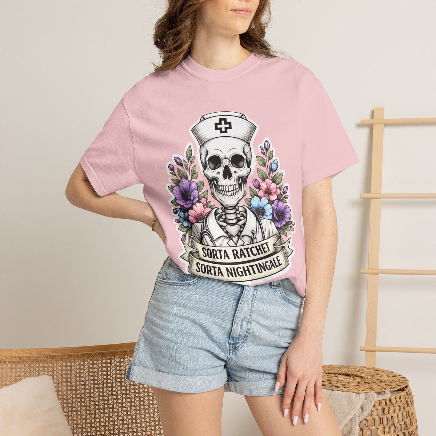 T-Shirt — "Sorta Ratchet, Sorta Nightingale" Nurse Skull Floral Tee