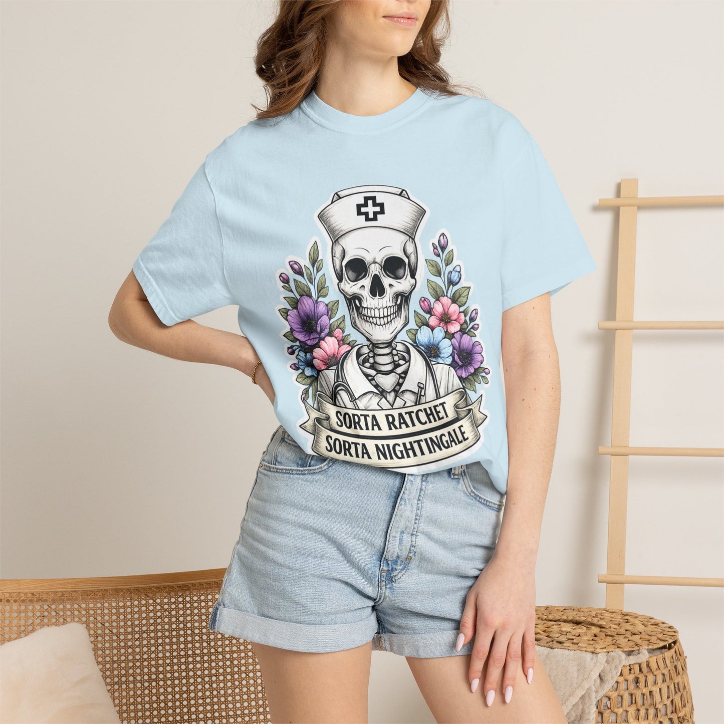 T-Shirt — "Sorta Ratchet, Sorta Nightingale" Nurse Skull Floral Tee