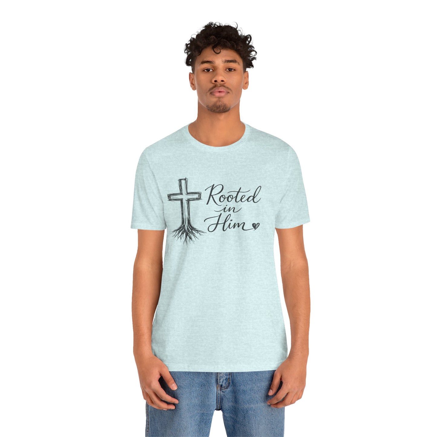 Rooted in Him T-Shirt — Christian Cross & Roots Faith Tee